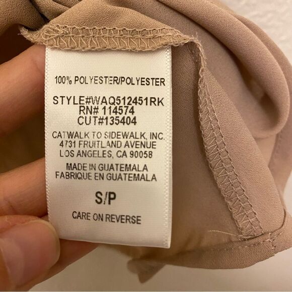 Pleione Twisted knot Hem Hi-Low Top beige tan semi sheer crew neck blouse S - Picture 8 of 8